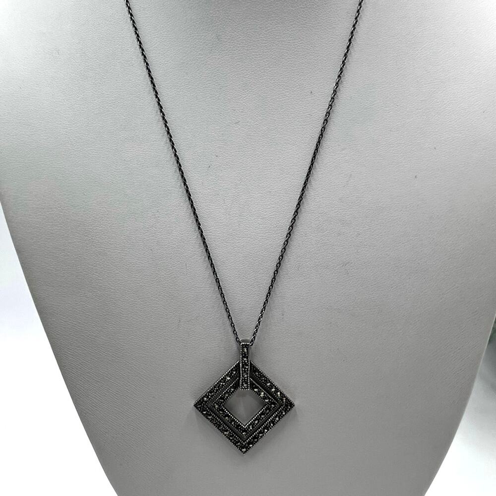 Designer Signed Vintage 925 Sterling‎ Silver Deco Marcasite Pendant Necklace